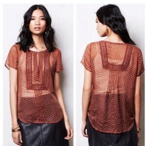 Anthropologie Meadow Rue Grassland Blouse Rust Brown Sheer Boho Patterned Top XS